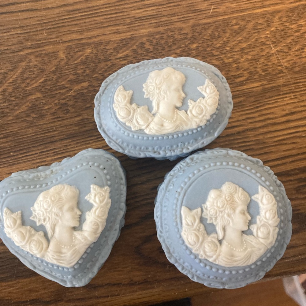 3 Vintage Blue Milk Glass Cameo Trinket Boxes. One round, oval and heart shaped